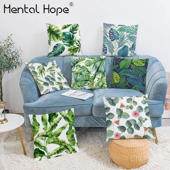 

Green Palm Leaf Printed Decorative Cushion Cover White Throw Pillow Cover Home Decor Square Pillowcase for Sofa Bed Car