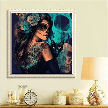 

35x35cm Gorgeous Witch with Black Cat DIY Diamond painting picture with Full round drills diamond mosaic fun craft