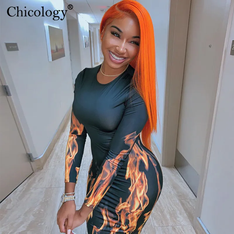 Chicology огонь печати сексуальное платье миди Женские Длинные рукава bodycon уличная 2019