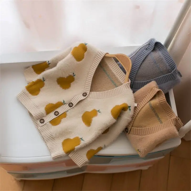 Spring Autumn Baby Boys Faux Mink Fur Knitted Cardigan Sweater Boys Pear Printed Jacket Children Outerwear Clothing F125
