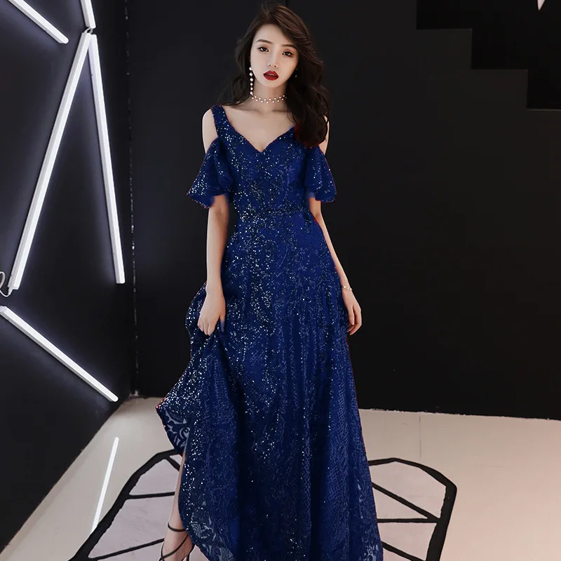 blue spaghetti strap Новинка, вечернее платье, блестящее, расшитое блестками, ТРАПЕЦИЕВИДНОЕ, длина до пола, элегантные вечерние платья,, на шнуровке, на молнии, сзади, Формальные платья для выпускного вечера, E395 - Цвет: blue spaghetti strap