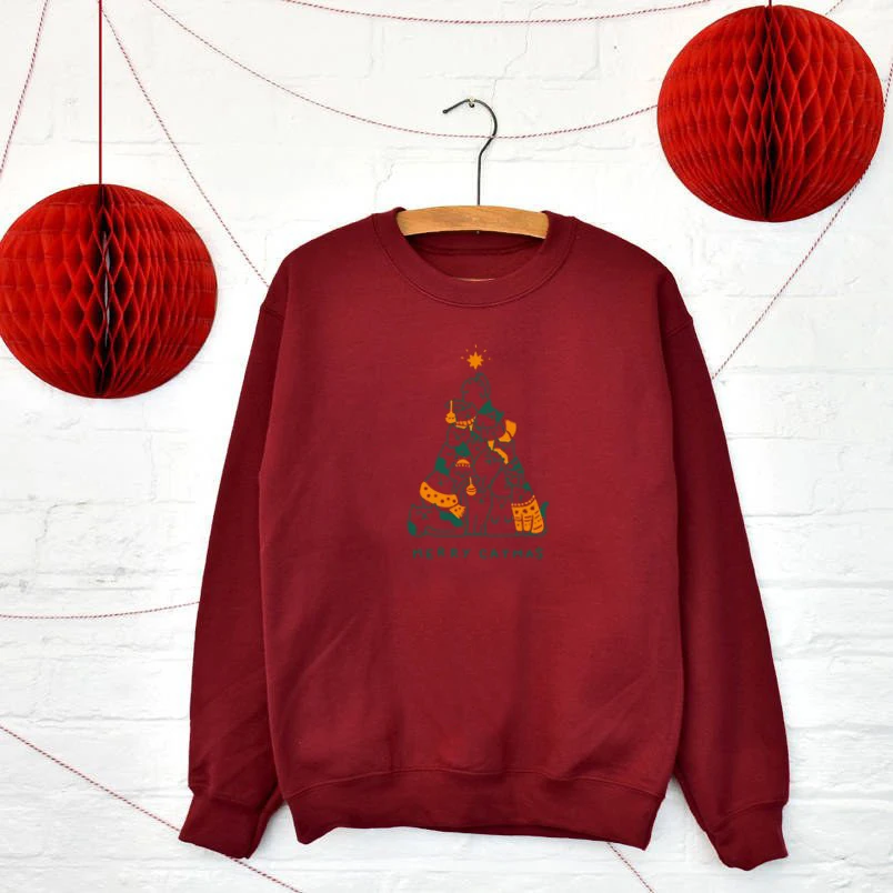 Burgundy MERRY CATMAS. Цветная Милая толстовка с котом, Забавный женский модный хипстер, унисекс, винтажный наряд, джемпер с графическим рисунком, пуловеры, топы - Цвет: Burgundy