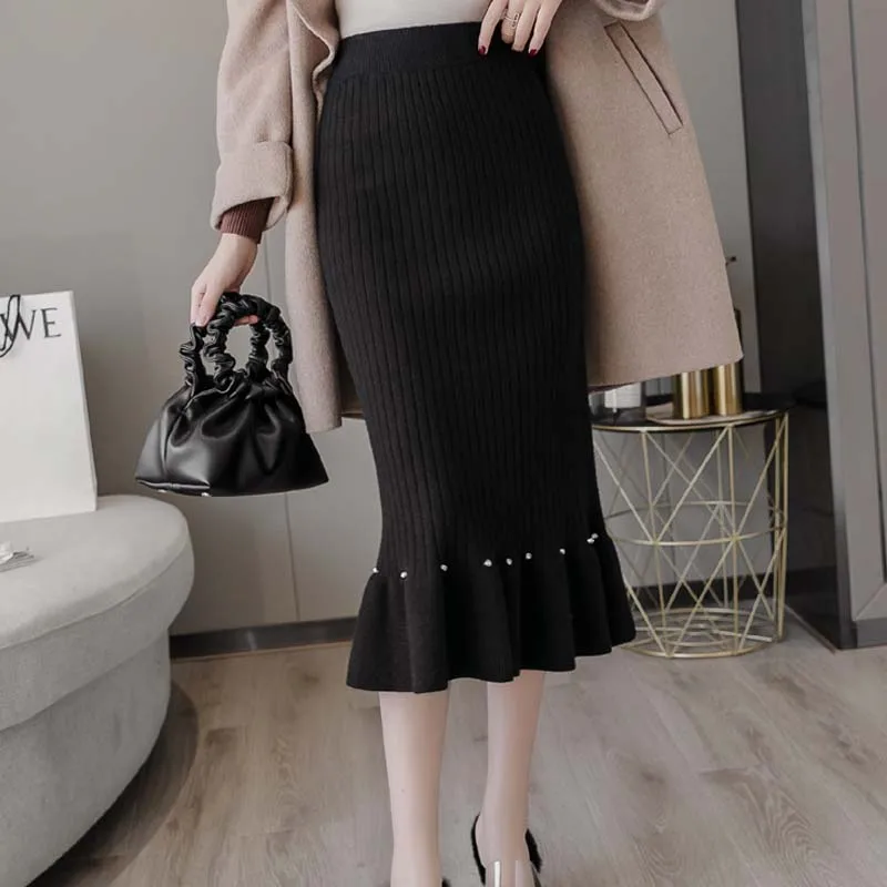 

Thick Knit Skirt Fish Tail Ruffle Beading Middle Length Skirt Black Gray Beige Green Sexy Skirt Woman
