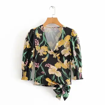 

New Women Cross V Neck Hem Bow Tied Casual Slim Blouse Office Lady Three Quarter Sleeve Printing Shirts Chic Chemise Tops