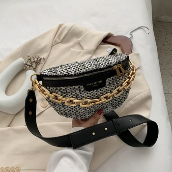 

2020 New Fashionable Messenger Bag Women Hobos Chain Panelled Single Shoulder Chest Cotton Linen Handbag Wide Strap Day Clutches