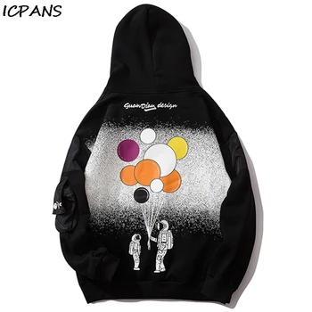 

ICPANS Astronaut Balloon Print Patchwork Fleece Hoodies Sweatshirts Men Hip Hop Streetwear Casual Pullover Hooded Tops Men