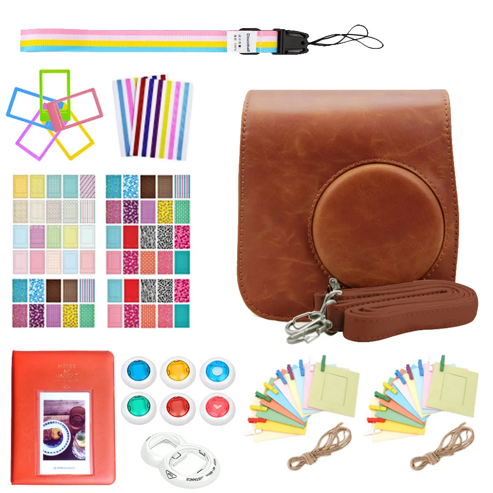 Besegad Protective PU Carrying Case Cover Bag Bundle Album Kit Set for Fuji Film Fujifilm Instax Mini 9 8 8+ Instant Camera - Color: Brown