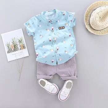 

Baby's Suits Spring/Autumn Kids Cartoon Print Short Sleeve Stand Collar Blouse Casual Tops+Solid Color Pants New