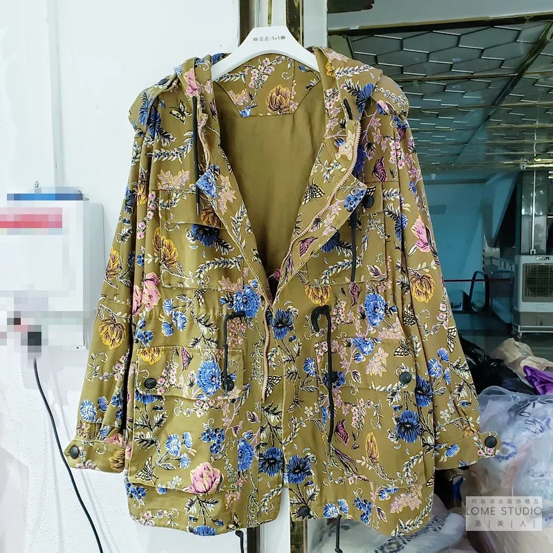 

Woman Street Hooded Windbreaker 2020 Autumn New European Fashion Flower Print Drawstring Waist Loose Tooling Trench Coat Femme