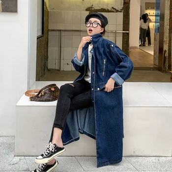

2020 Spring Autumn Women Big Size Vintage Long Denim Trench Coat Jacket Female Loose Casual Jean Windbreaker Overcoat Outerwear