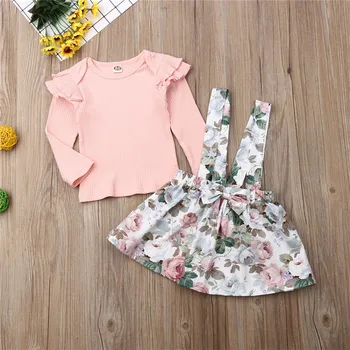 

Toddler Kids Baby Girls free shipping clothes Ruffle long sleeve solid T-shirts Flower print strap Bow Skirts 2pc autumn Outfits