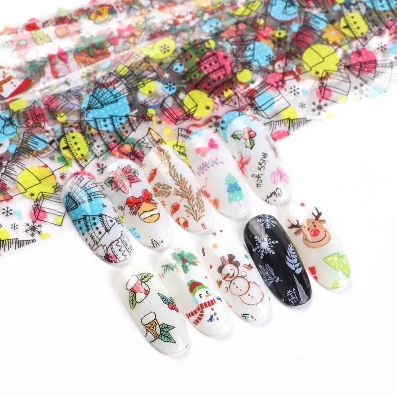 10pcs Christmas Decorations for Nails Mix Colorful Transfer Nail Foil Sticker Snow Flower Elk Gift Santa Adhesive Paper YXL287