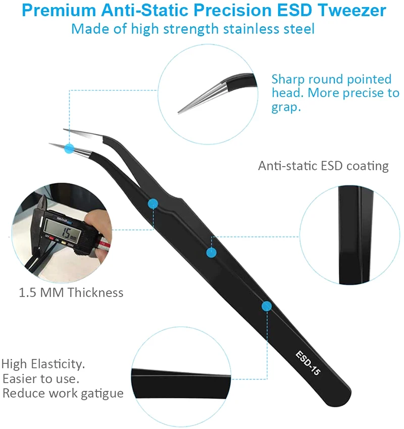 ESD Anti-Static Stainless Steel Tweezer Set Maintenance Repair Tool Kit Anti Static Model Making Tool Hand Set 6pcs