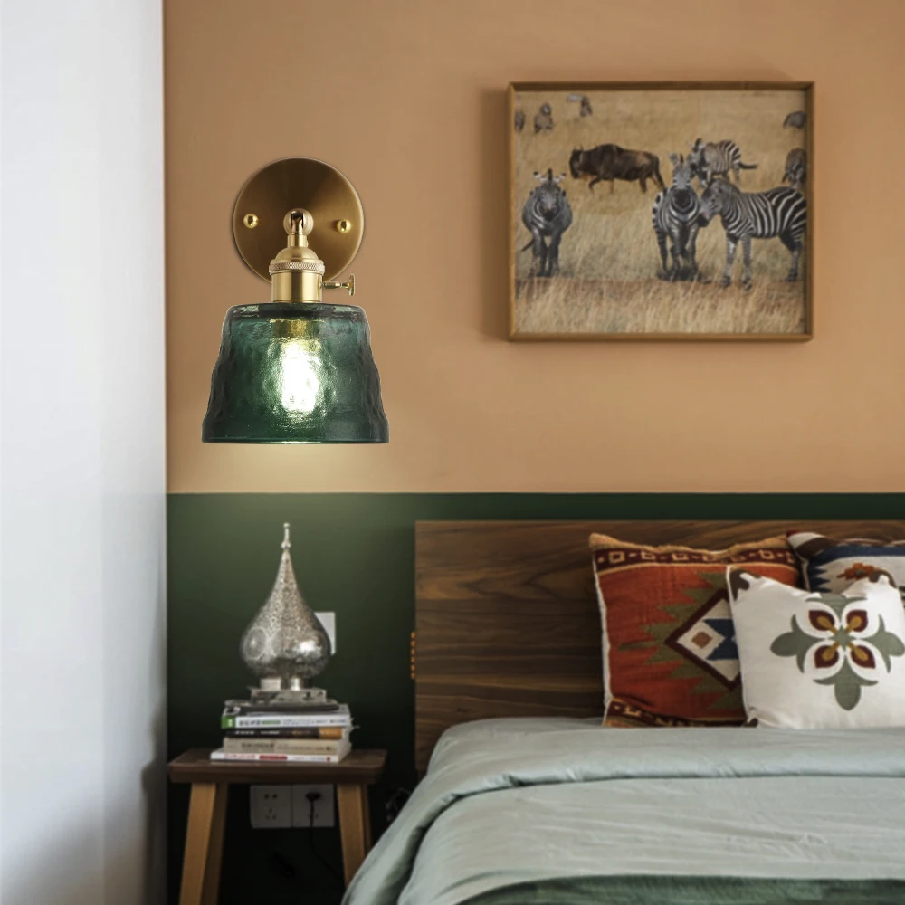 

Elegant Nordic Green Wall Light with Heavy Glass Lampshade,E27 Rotatable Switch Wall Lamp for Bedroom Living Room Study