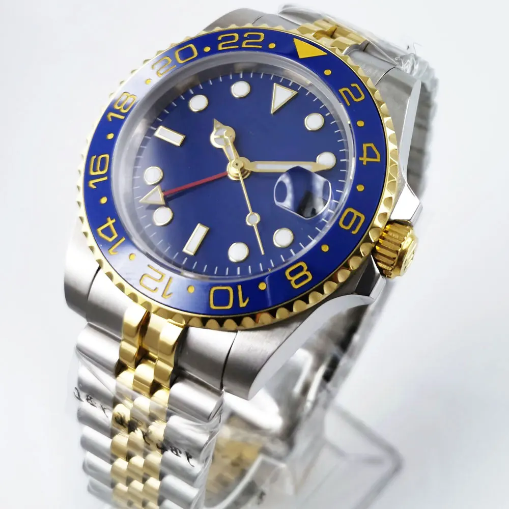 

BLIGER Blue 40mm Mechanical Wristwatch Men Sapphire Glass GMT Date Jubilee Band Rotating Bezel