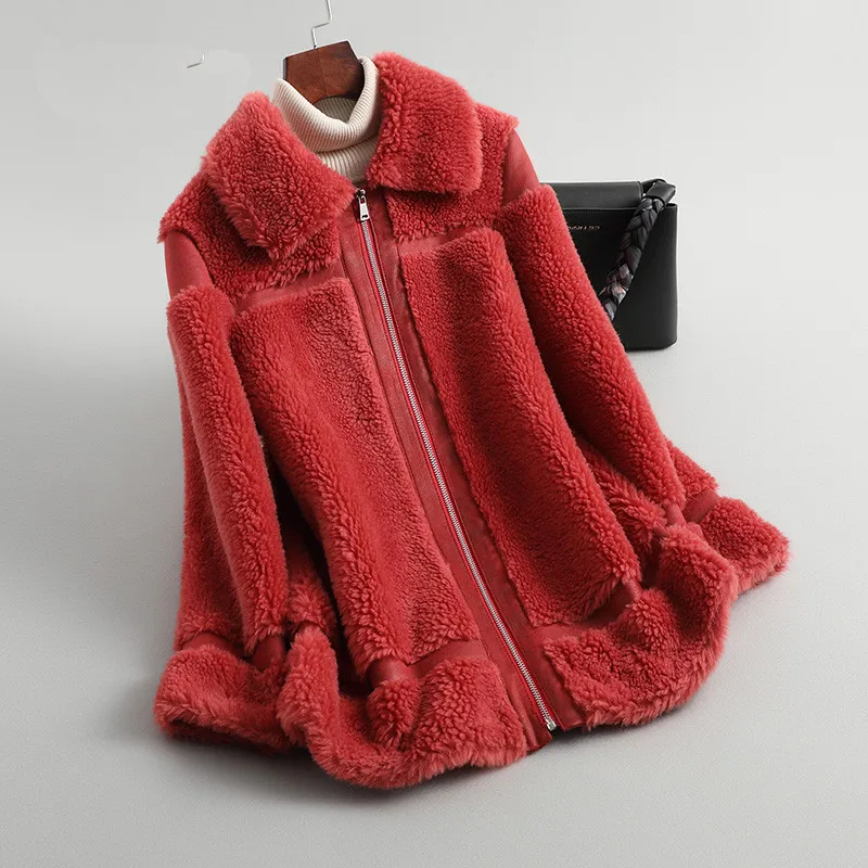 AYUNSUE овечья шерсть пальто из натурального меха зимняя куртка женская шерстяное пальто женские длинные розовые куртки Корейская верхняя одежда MY4199 - Цвет: Xi You Hong