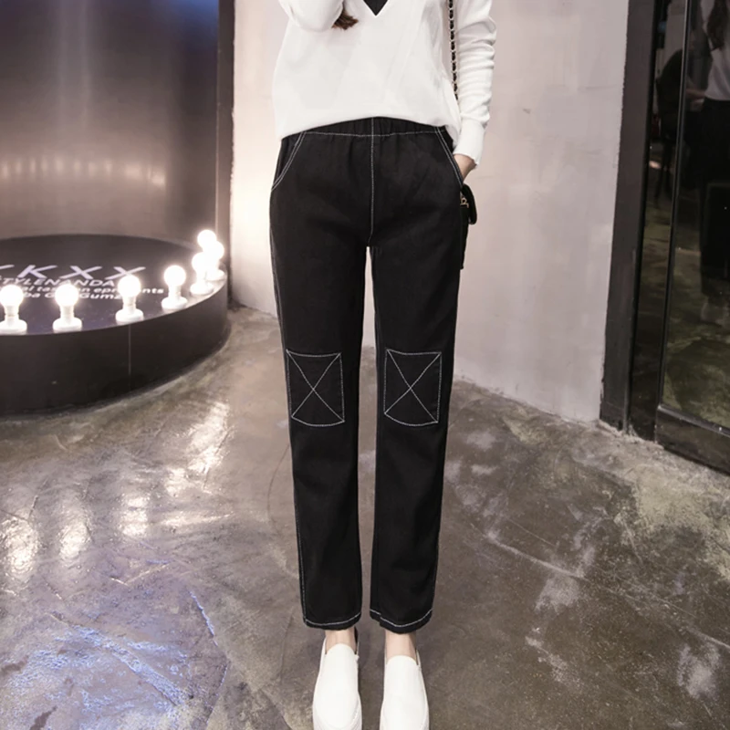 Длинные прямые джинсы, женские осенние джинсы с эластичной талией, Джинсы бойфренда, винтажные джинсы, корейский стиль, лоскутные штаны размера плюс V839