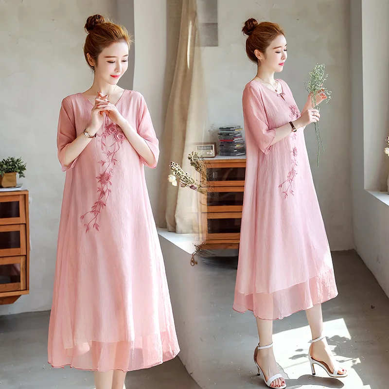 

2018 Summer New Style Chinese-style Cotton Linen Dress Two-Piece Set Literature And Art Retro Mid-length Embroidered Fashion