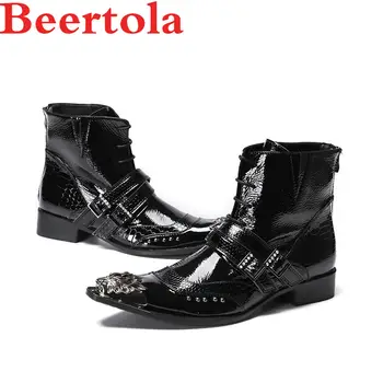 

Real Leather Black Men's Ankle Boots Pointed Toe Metal Head Belt Shoelace Decor Masculine Chelsea Boots Cool Jeans Matching Shoe