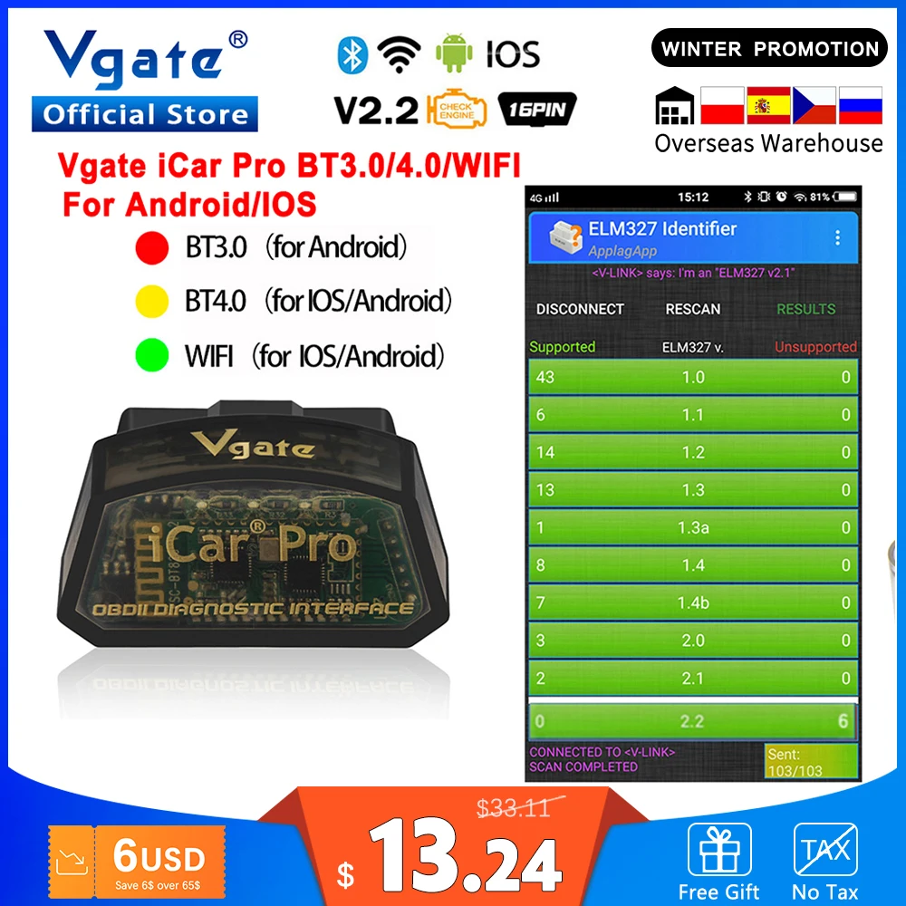 Vgate icar pro OBD2 ELM327 Bluetooth Автомобильный диагностический OBD сканер elm 327 OBDII считыватель