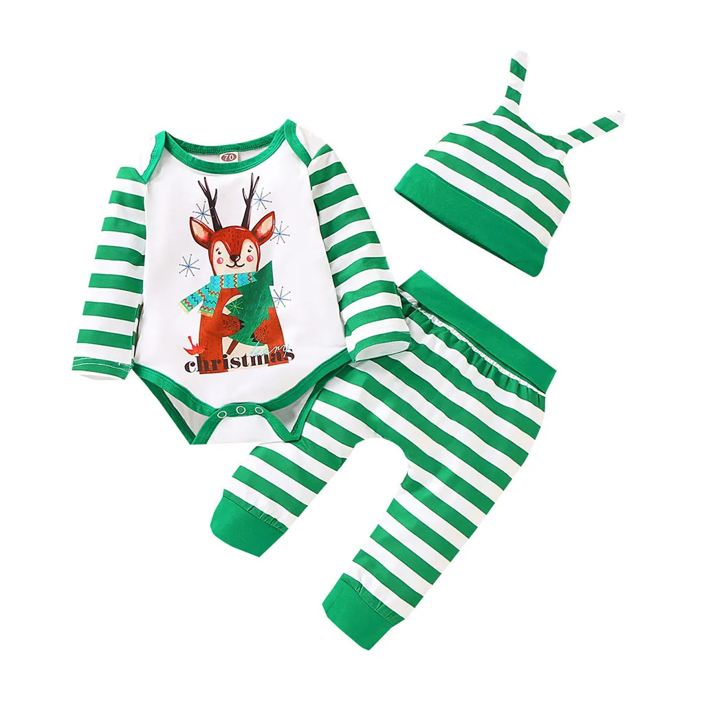Новинка года; Лидер продаж; Детский комбинезон с рождественским оленем для маленьких мальчиков и девочек; боди+ штаны в полоску+ шапочка красивый Рождественский костюм для малышей - Цвет: Зеленый