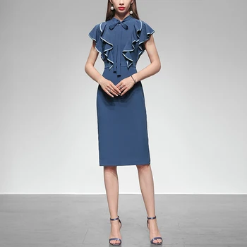 

Seifrmann Fashion Designer Summer Dress Women Bow Ruffles Patchwork Lace up Bohemian Elegant Evening Party Slim Knee Dresses