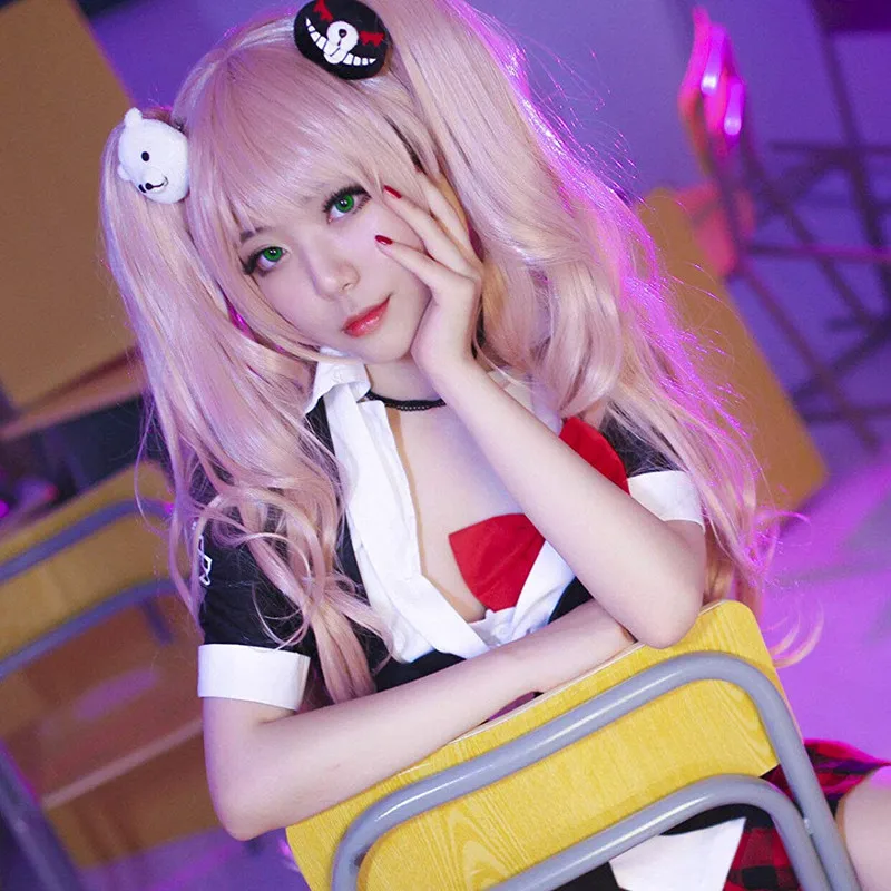 Ebingoo Danganronpa Junko парик Двойной конский хвост розовый синтетический парик для косплея длинный волнистый парик боковая часть+ шапка для волос