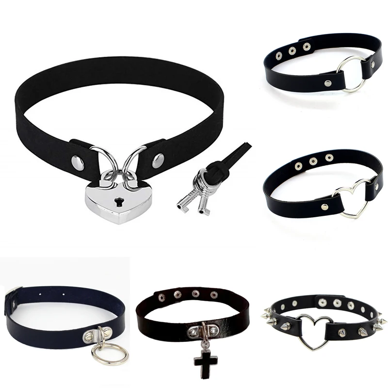 

Harajuku Spike Rivet Punk Sexy Gothic Pu Leather Goth Heart Cross Choker Necklace on Neck Round Collar Necklaces Women Jewelry