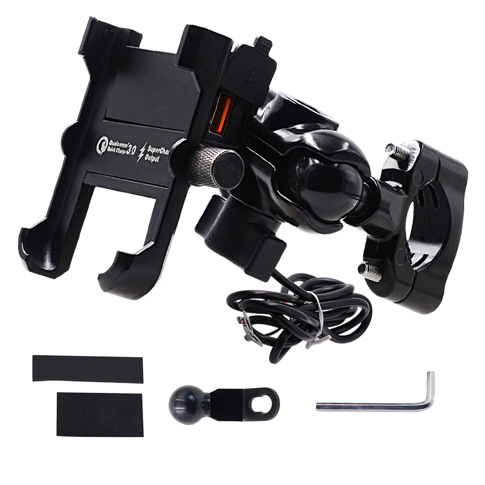 YPAY Aluminum Motorcycle Phone Holder QC3.0 Quick charge Moto Handlebar Rearview Bracket Stand for 4-6.8 inch Mobile Phone Mount