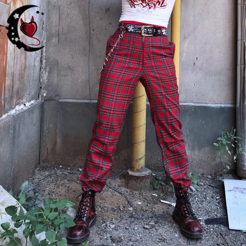 Pantalones de cuadros rojos Harajuku para mujer, ropa de calle Punk, Pantalones rectos cintura alta, pantalones largos informales Vintage a la moda para mujer|Pantalones y pantalones capri| - AliExpress