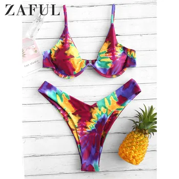 

ZAFUL Bikini Tie Dye Underwire High Leg Bikini Set Spaghetti Straps Swimsuit Aesthetic Sexy Bathing Suit Women Swimwear 2019