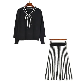 

Large Size Women's dress Autumn winter long sleeve bow tie striped dress knitted sweater Suit skirt two-piece suit drress