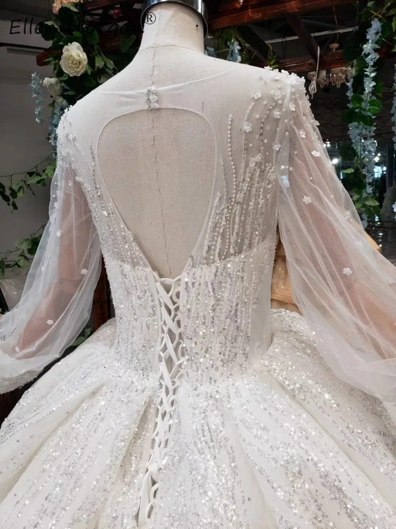 Vestidos De Novia одежда с длинным рукавом кружевные свадебные платья Элегантный с низким вырезом на спине вырез лодочкой с блестками с длинным шлейфом официальные свадебные платья, бальное платье