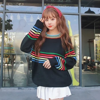 

Autumn Winter Cute Sweater Loose Pullover Large Size Rainbow Color Print Sweater Long Sleeve New Hot Sweater