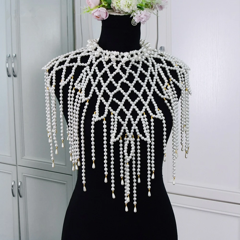 

JaneVini Gorgeous Imitation Pearl Shawl Bridal Choker Necklaces Sexy Body Collar Shoulder Long Chain Wedding Jewelry Accessories