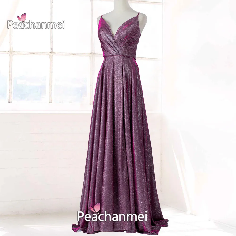 Real Photo Sparkle V-Neck Evening Dress Robe De Soiree A Line Glitter Sequins Prom Dress Sexy Backless Bling Ball Party Dress