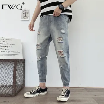 

EWQ / Men's Jeans Self-cultivation Elastic Force Ankle-Length Pants For Male Tide Holes Patch 2020 spring New Trouers 19H-a201