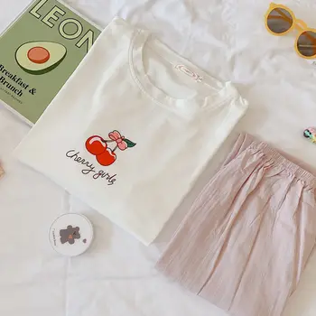 

Women Summer Pajama Sweet Cherry Watermelon Fruit Print Pyjama Set Short Sleeve Shirt and Trousers Female Homesuit INS Hot