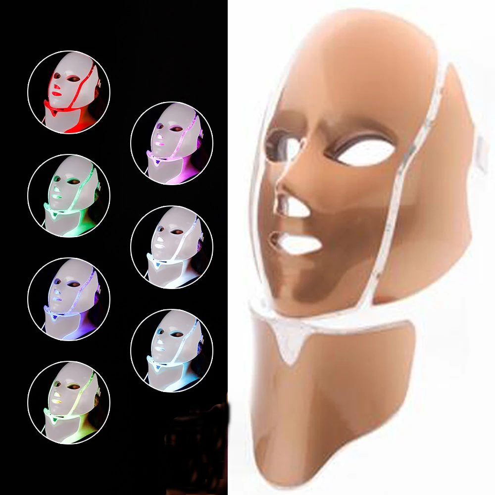 LED Facial Mask Beauty Skin Rejuvenation Photon Light 7 Colors with Neck Therapy Wrinkle Acne Tighten Tool | Красота и здоровье