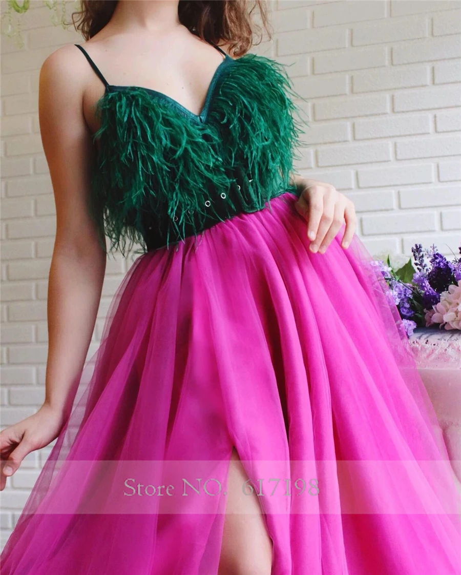 Spaghetti Straps Green and Rose Front Slit A-line Prom Dress Two Stones Sexy Feather Evening Dress vestidos formatura vintage prom dresses