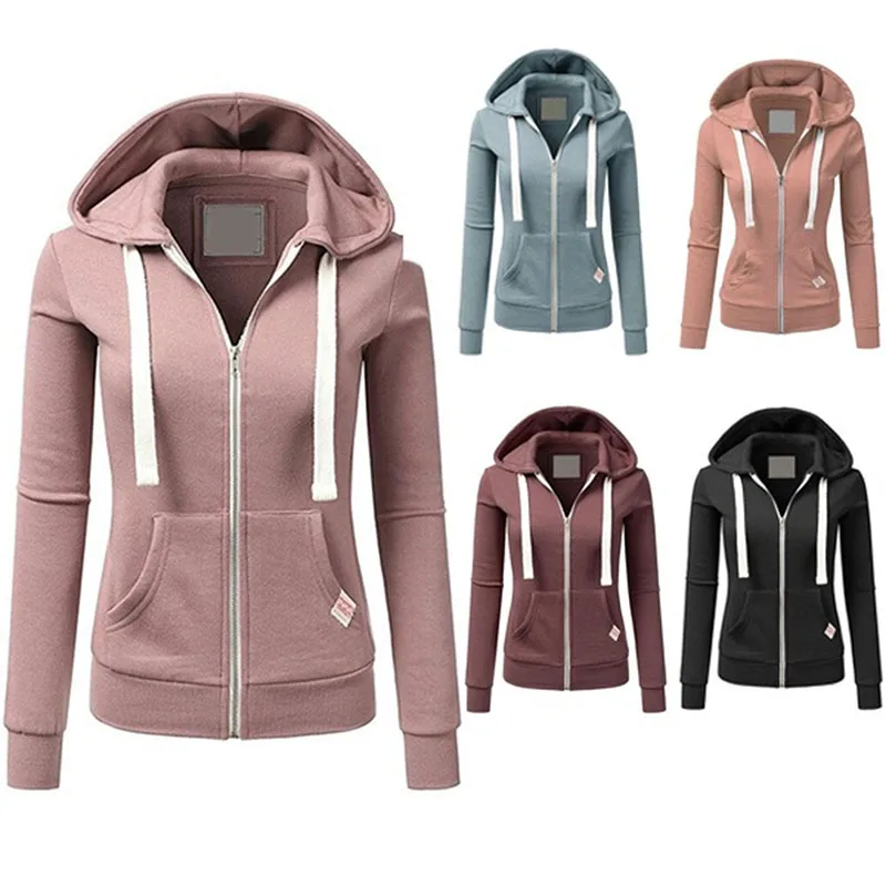 

Autumn Winter Women Zipper Hooded Jacket Women Long Sleeve Solid Color Pull-Rope Hoodies Sweatshirts 5 Colors S-XL