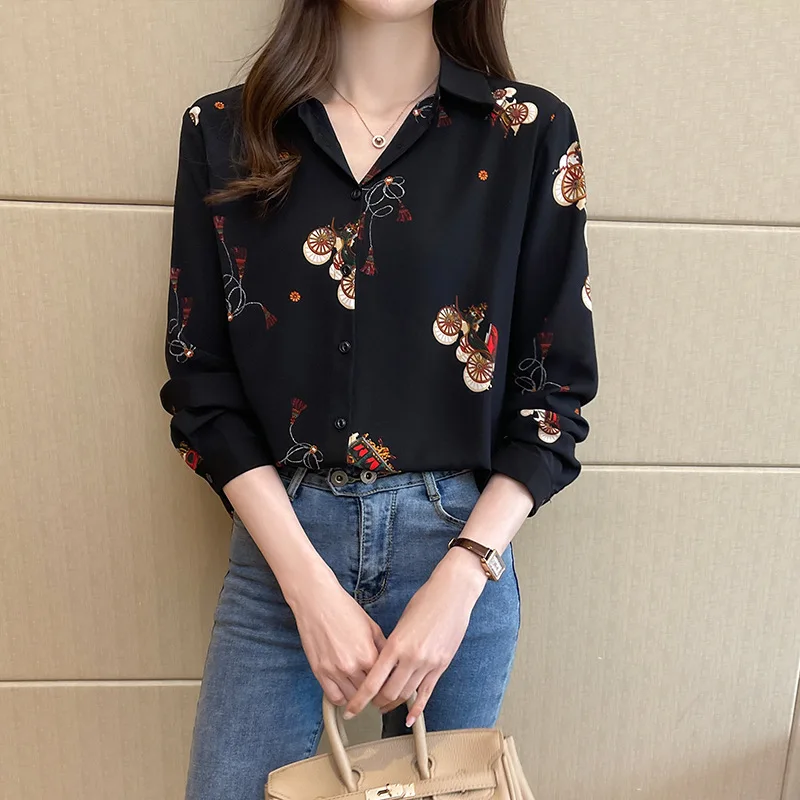 Women's Long Sleeve Chiffon Blouse, Large Size, Floral Print, Casual Fashion, Girl Top Clothes, European, American, New,  2023