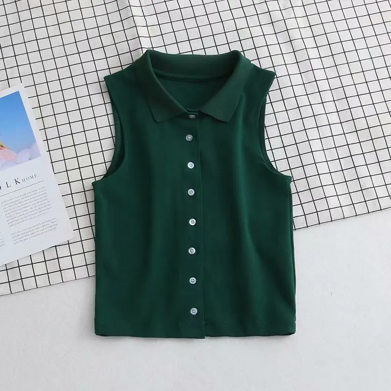 9032 green P42 Bazaleas, модные вязаные майки с пуговицами в центре, уличная одежда, женские майки с отложным воротником, винтажный женский топ на бретелях - Цвет: 9032 green P42