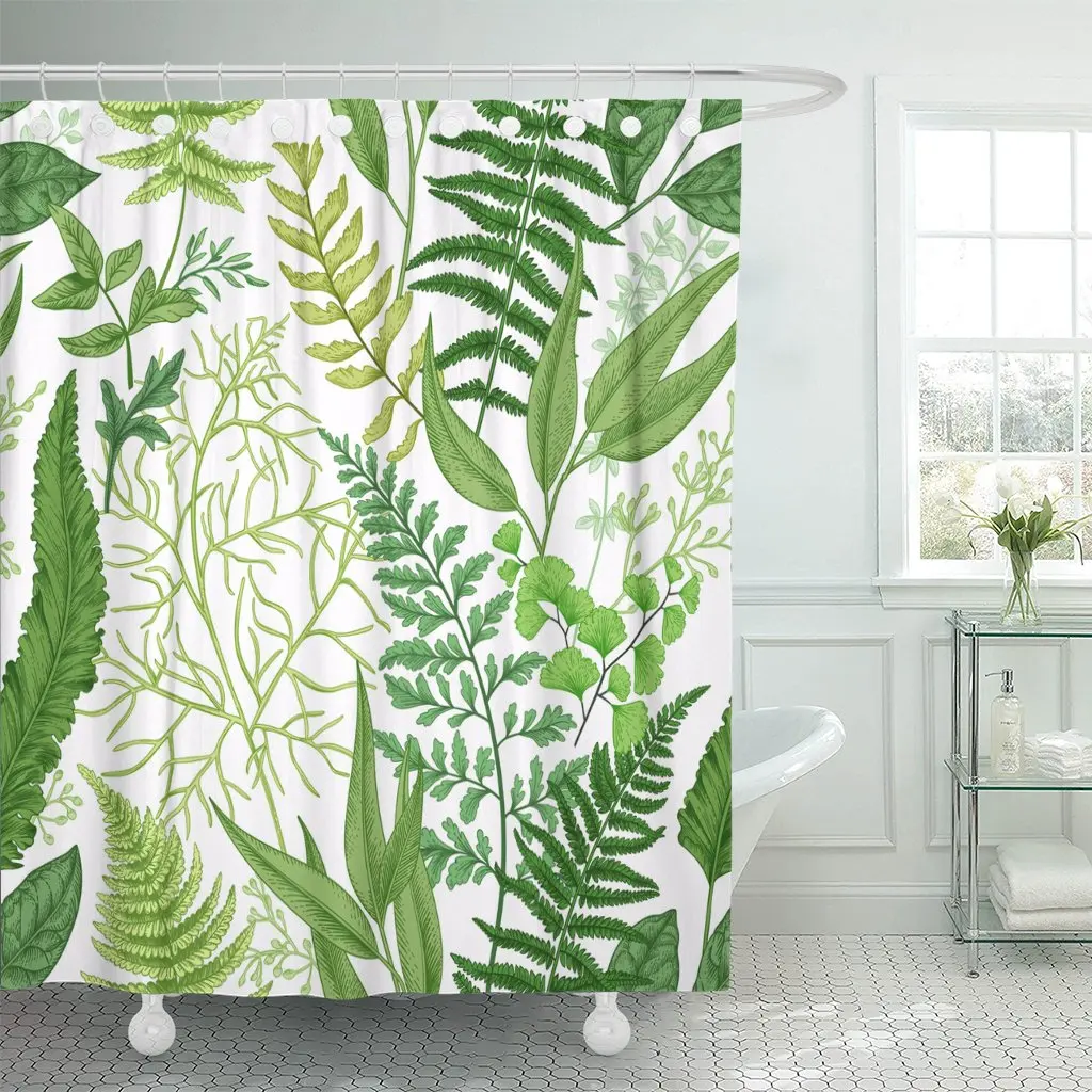 

Pattern Spring Leafy Green Vintage Floral Different Ferns Botanical Waterproof Polyester Set with Hooks