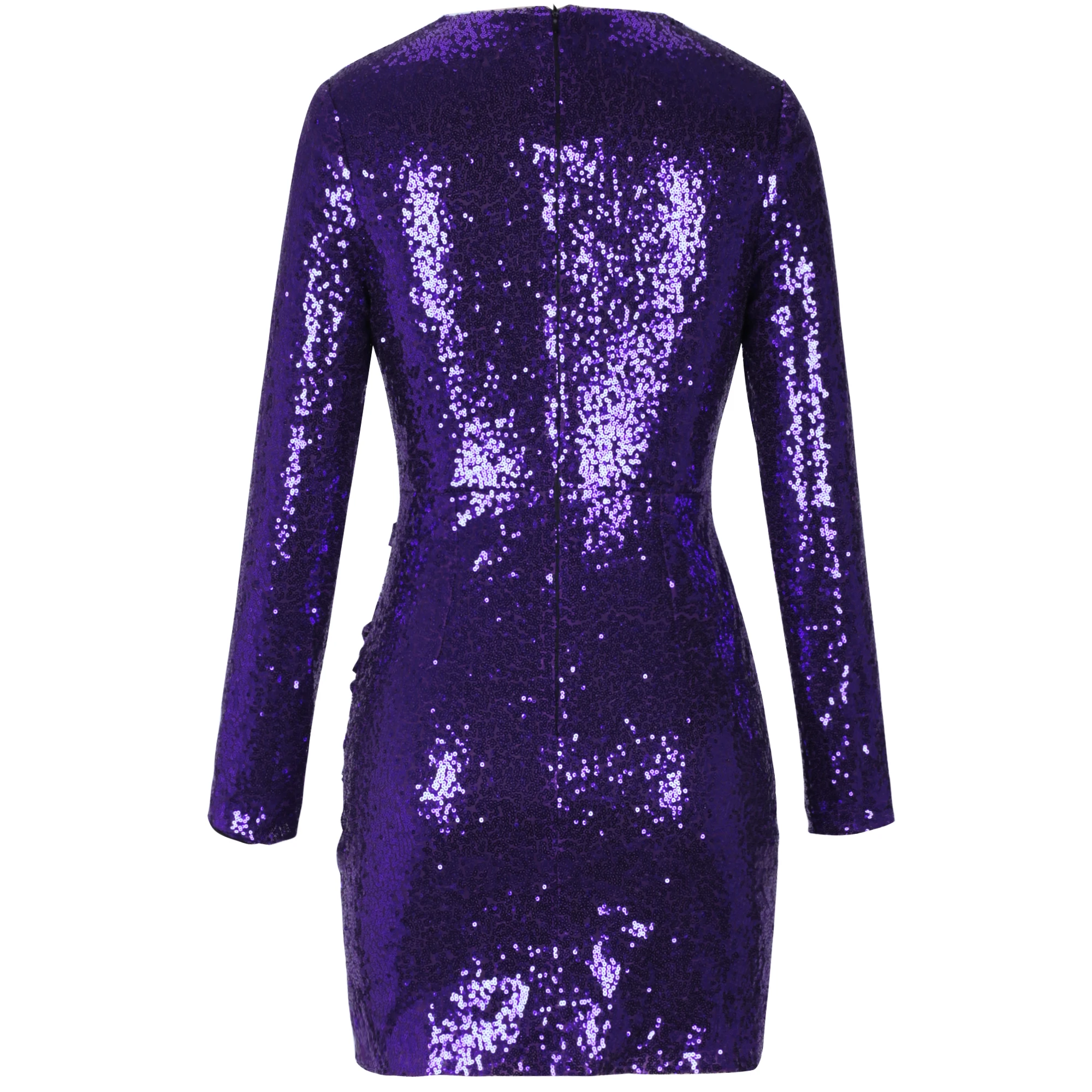Ocstrade Фиолетовый V шеи с длинным рукавом Мини блёстки Bodycon платье HI1104-Purple