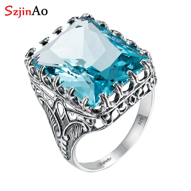

Szjinao Square Blue Rhinestone Skull 925 Silver Elephant Ring Antique National Decoration Luxury Brand Rings for Women Size 5-11