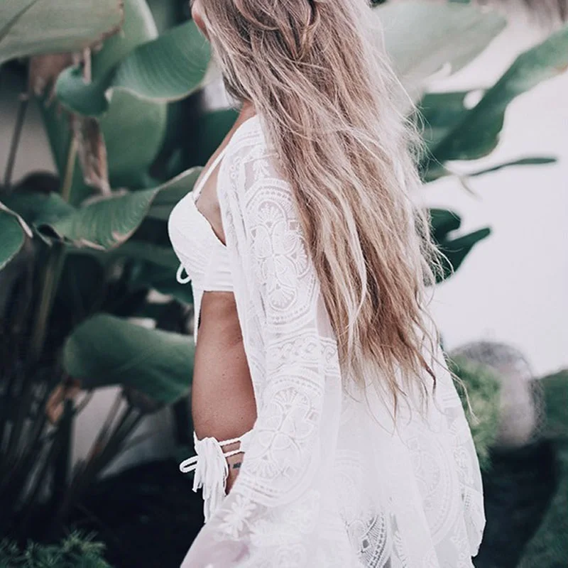 Women See Through Lace Hollow Crochet Bikini Cover Up Beach Dress Swimwear Sarongs Kaftan Robe De Plage Beach Cover Up