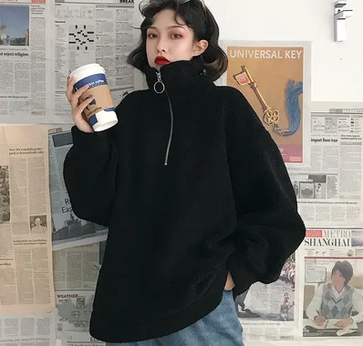 black sweatshirts MUMUZI толстовка с высоким воротником плюс бархатное утепленное Женское зимнее пальто Новинка овечий мех флисовые топы свободный стиль теплый пуловер - Цвет: black sweatshirts