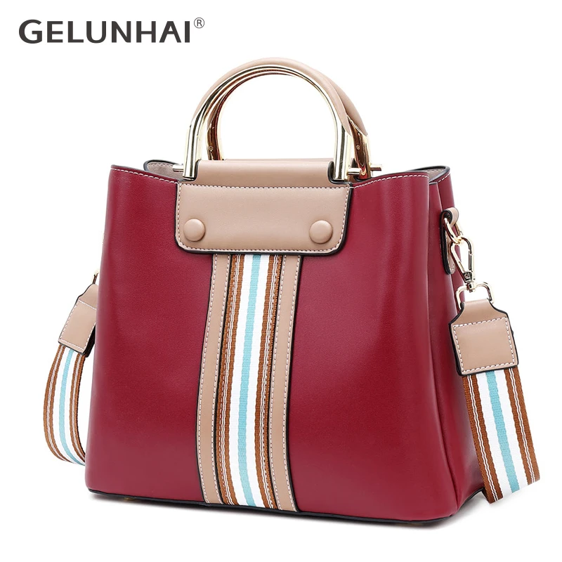 

Gelunhai Genuine Leather Women Totes Luxury Handbags Contrast Color Design Ladies Shoulder Bags Designer Real Cowhide Handbag