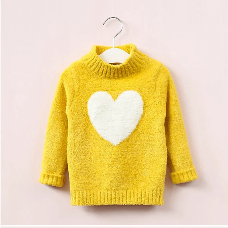 Baby Girl Sweater Winter Autumn Long Sleeve Warm Knitted Sweater Girl Heart Pattern Half High Collar Soft Pullover Tops for 3-8Y - Цвет: Yellow